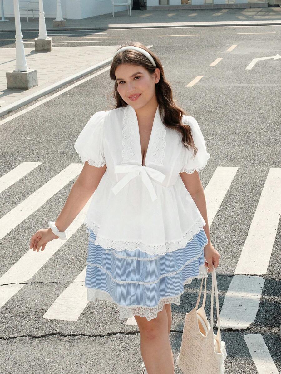 SHEIN MOD 大码宽松蕾丝领拼接荷叶边蝴蝶结领衬衫 - 白色 - 查看 1