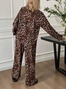 DAZY Charming Leopard Print Contrast Trim Loose Pajamas Set For Women, Fall Winter Clothes
