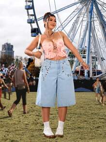 SHEIN ICON Pantaloni 3/4 da vacanza con ricamo, abbigliamento da rave, festival, taglia comoda