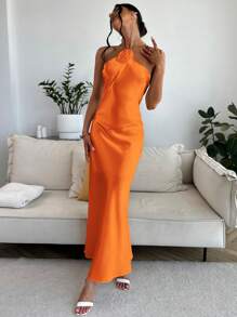 Firerie Váy đuôi cá hở lưng họa tiết hoa 3D dành cho nữ, váy dạ hội bằng vải taffeta thanh lịch - trái cam - Xem 6