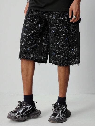 ROMWE Avant Shorts vaqueros sueltos de hombre con decoración de diamantes brillantes y rhinestones