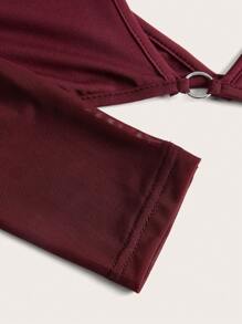 SHEIN ICON 1 件 2 合 1 女士短款上衣，带金属环和网眼拼接三角杯饰边 - 酒紅色 - 查看 4