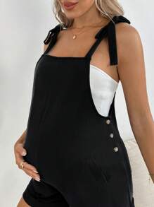 SHEIN Casual Solid Color Pregnant Women Side Button Design Bib Romper - Black - View 4