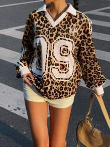 Muchica Sudadera holgada con capucha de manga larga con estampado numérico de leopardo para mujer