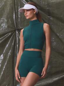 Musera Sport Stand Collar Zip Through Seamless Sculpt Sleeveless Crop Top Sport Active Workout, Padel, Tennis, Racquetball, Pickleball Gym Fitness - Green - View 1