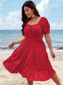 SHEIN Clasi Váy ngắn tay đơn giản hàng ngày cỡ lớn cho nữ, trang phục Giáng sinh màu đỏ tía cho nữ - Đỏ - Xem 4