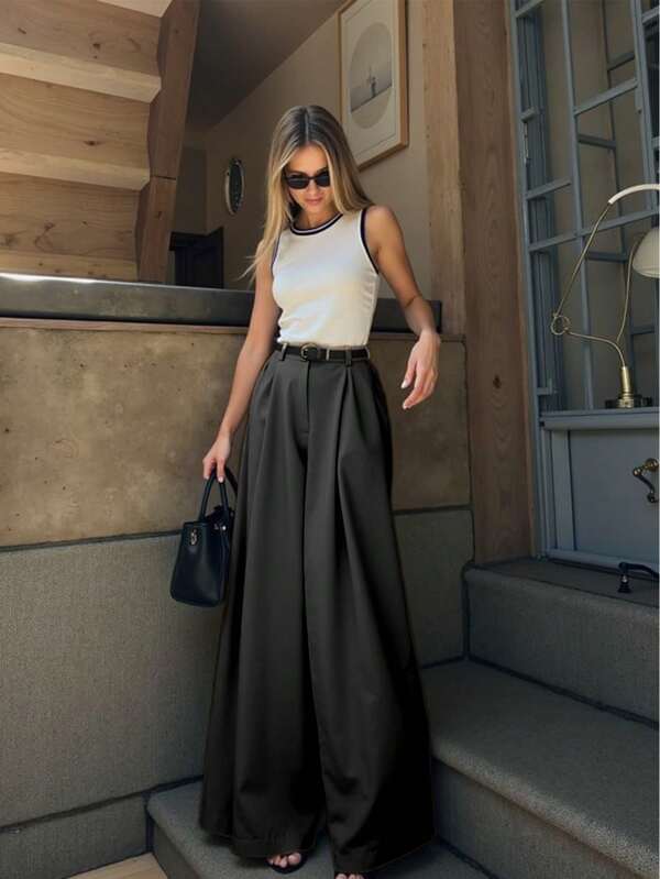 Pariaura Solid Color Pleated Casual Wide Leg Pants Suitable For Daily Commute, Spring & Autumn Fall Cloth For Women