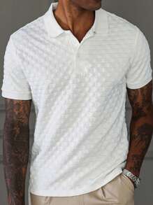 Manfinity Homme Manfinity Men Solid Color Basic Turndown Collar Front Button Short Sleeve Simple Polo Shirt, Casual Everyday Wear, For Husband For Going Out, Men's White Polo Shirts - White - View 4