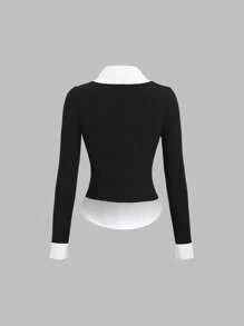 Sweetra 女式优雅学院风领子拼接长袖衬衫（配领带），秋冬