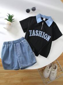 SHEIN Explorewe Young Boy Polo Neck T-Shirt With Denim Shorts, Fashion Casual Chic, Skin-Friendly Soft Fabric, Suitable For Summer,Holiday,Summer,Travel - Multicolor - View 1