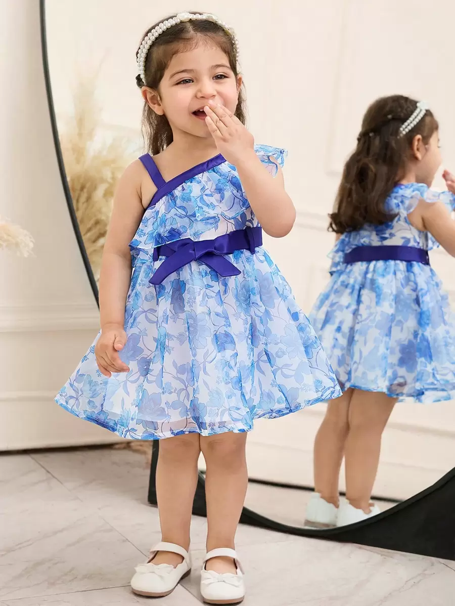 SHEIN Babygirl Elegant Summer Cute Floral Organza Color Block Dress - Blue - View 1