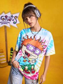 Nick 90s | SHEIN Women's Tie-Dye Cartoon Graphic Short Sleeve Casual T-Shirt, Summer - Multicolor - View 5