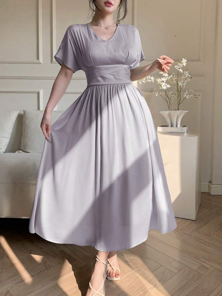 Women's Solid Color Mid-Length Elegant Dress With Short Sleeves, Minimalist & Fashion Suitable For Summer Sundress Maxi Dress