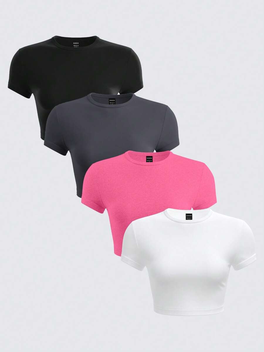 SHEIN BASICS 4pcs/Set Women Casual Solid Color Knit Round Neck Short Sleeve Fitted Cropped T-Shirts/Summer - Multicolor - View 1