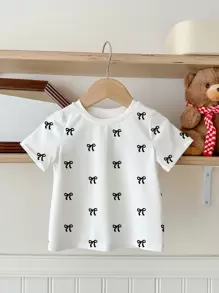 SHEIN 可爱蝴蝶结印花，女婴休闲简约短袖圆领上衣，适合夏季 - 白色 - 查看 2