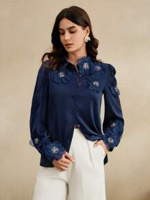Anewsta Elegant 3D Floral Decoration Long Sleeve Shirt, Spring Autumn New Arrival - Navy Blue - View 5