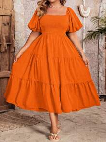 Celure 大码女式度假休闲纯色泡泡袖裹腰连衣裙长款女装