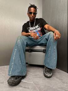 PAVTROS 男士喇叭褲寬腿牛仔褲超大尺碼長款磨損洗舊牛仔褲貨運裝純色深藍色外出 Y2K 友情款