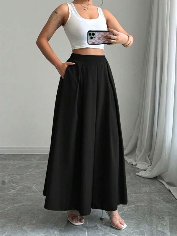 SHEIN Tall Women's Solid Color High Waist Pocket Elegant Office Casual Knee Length Skirt
