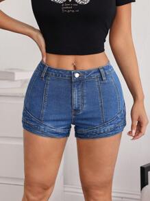 SHEIN EZwear Women's Casual Blue Denim Mini Shorts With Zipper Detail - Blue - View 5