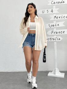 SHEIN EZwear Plus Size Women's Casual Lightweight Sheer Long Sleeve Button-Down Shirt, Versatile For Summer, Back-To-School, Date, Indoor Tea Party, Beach, Hawaii, Daily Wear - Apricot - View 5