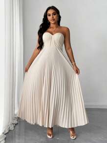 SHEIN Unity Plus Size Women Elegant Romantic Strapless Pleated Midi Dress - Apricot - View 2