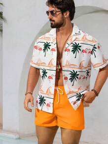 Zalmeno 男士休闲沙滩套装，含短袖衬衫和短裤，简约时尚，适合日常穿着，男士泳裤，夏威夷风 - 珊瑚橙 - 查看 6