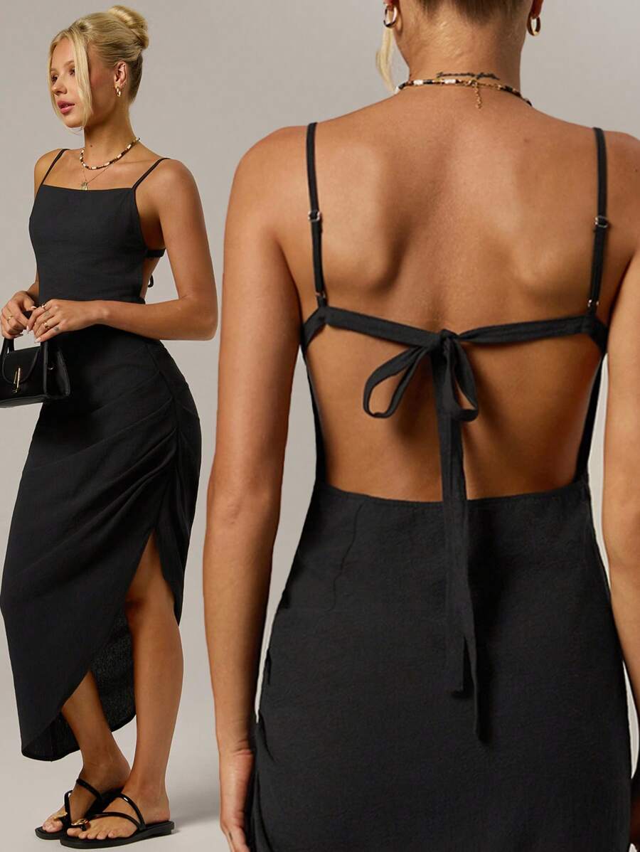 Forever 21 春季简约黑色细肩带露背开叉长款女士海滩度假连衣裙 - 黑色 - 查看 1