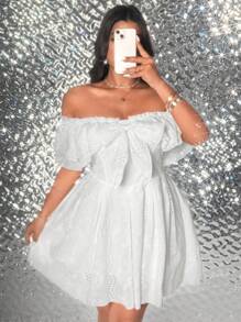 Viva Relle 大码女式刺绣镂空双层蝴蝶荷叶边露肩连衣裙 - 白色 - 查看 3