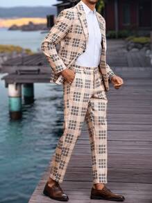 Calvornis Gift For Boyfriend, Men's Regular Plaid Print Casual Suit Two-Piece Suit, Lapel Collar Long-Sleeved Jacket And Pants Suit, Casual Wear