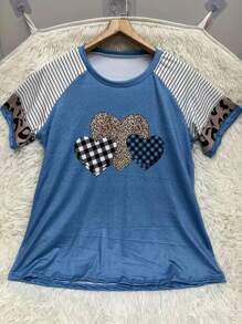 EMERY ROSE Große Größen Lässig T-Shirt, Damen Mode große Größen Farbblock Leoparden- und Streifenherz-Muster Kurzarm Rundhals leicht elastisches T-Shirt, Damenbekleidung - Verschiedenfarbig - Übersicht 3
