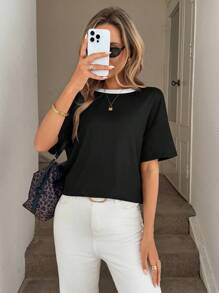 SHEIN LUNE Women's Round Neck Black & White Patchwork T-Shirt With Backless Bowknot Design, Short Sleeve - Black and White - View 5