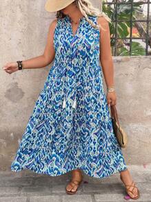 Breezaya Plus Size Women V-Neck All-Over Print Sleeveless Dress With Tassel And Pleated Trim, Vacation Beach Dress