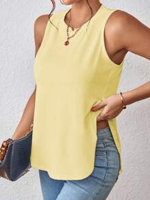 Chiquease 女士纯色圆领侧开衩下摆休闲背心 - 黃色 - 查看 4