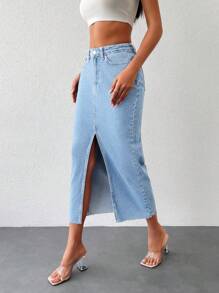 EURMUSE Split Thigh Denim Skirt - Light Wash - View 3