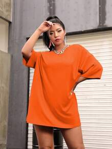 Flirla Plus Size Casual Solid Color Drop Shoulder Loose T-Shirt, Spring/Summer