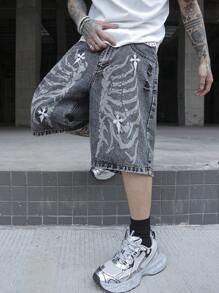 PAVTROS 男士休闲牛仔短裤，口袋印花，简约设计