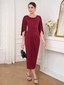 Mulvari Casual Ruched Waist Women Daily Wear Dress - Red - View 3