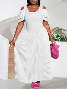 Slaydiva Robe d'épaules dénudées taille unicolore à volants et coupe ajourée, convenant aux grandes tailles. Appropriée pour le mariage, élégante, douce, romantique, sortie en amoureux. - Blanc - Voir 1
