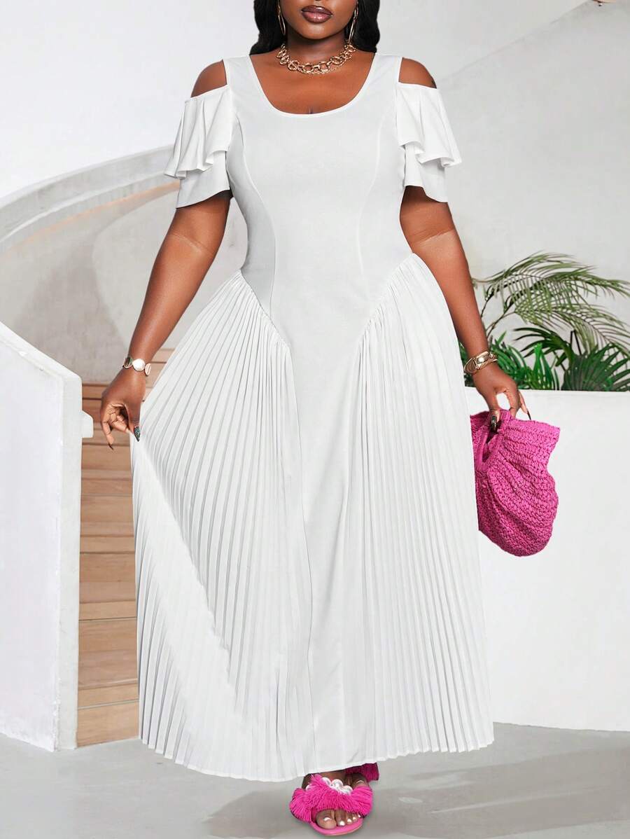 Slaydiva Robe d'épaules dénudées taille unicolore à volants et coupe ajourée, convenant aux grandes tailles. Appropriée pour le mariage, élégante, douce, romantique, sortie en amoureux. - Blanc - Voir 1