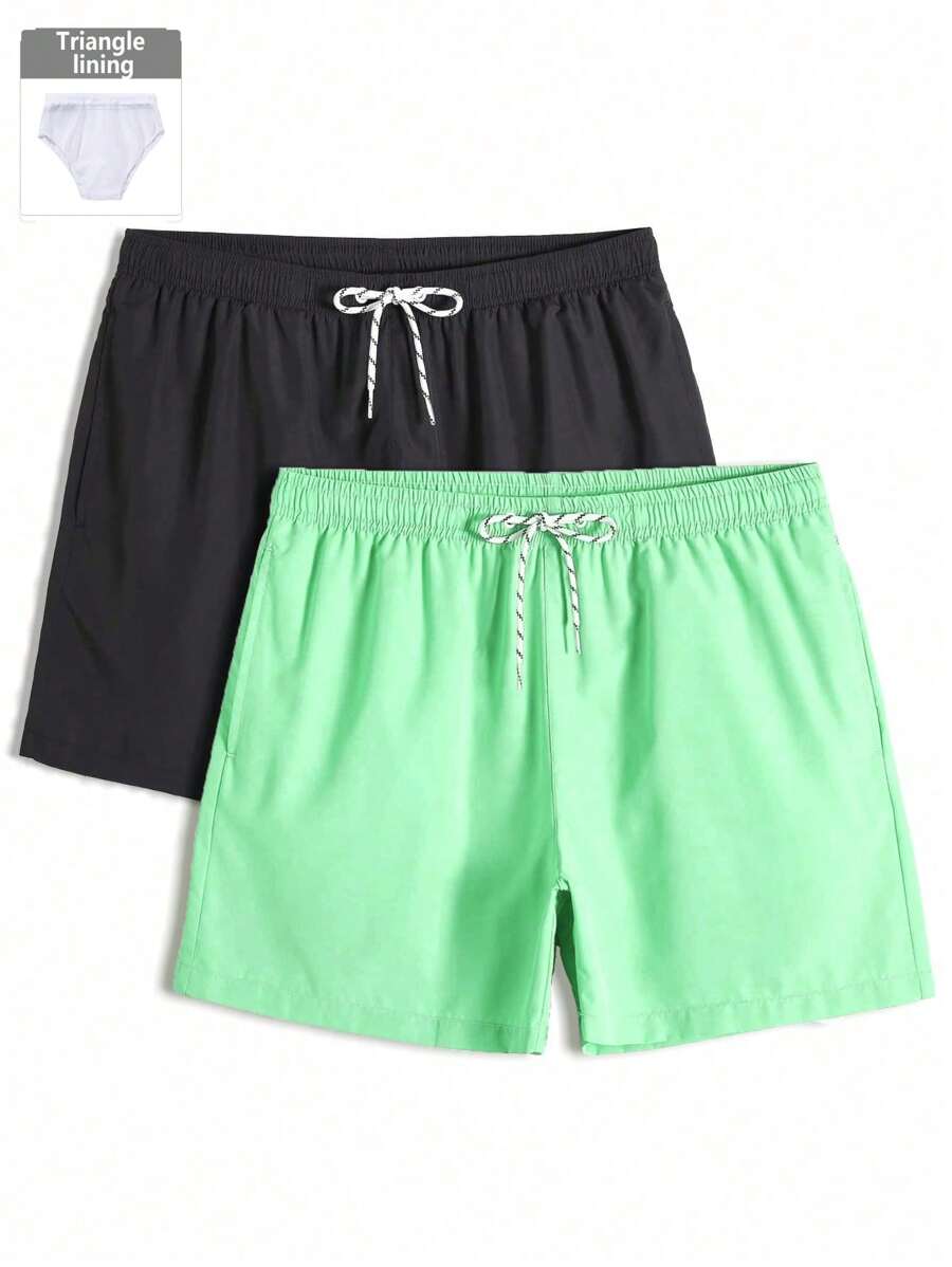Manfinity 2pcs Casual Beach Getaway Plain Elastic Drawstring Men's Swim Trunks, Summer - Multicolor - View 1