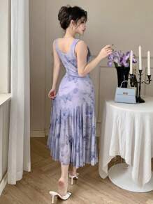 DAZY Mid-Calf Floral Print Sleeveless Dress For Women,Ruffle,Casual Women Dresses - Purple - View 2