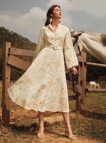 Anewsta 都市优雅数码印花灯笼袖长裙，适合春季度假