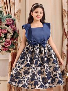 Vestido de niña preadolescente con detalles de lazo, diseño de jacquard floral y patchwork de satén