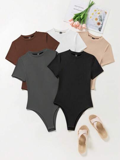 INAWLY Body décontracté unicolore grande taille à manches courtes