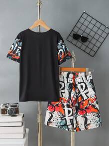 2pcs/Set Tween Boy Casual Graffiti Letter Print Comfortable Round Neck Short Sleeve T-Shirt And Shorts Set, Summer