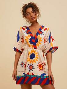 Travachic V-Neck Printed Mini Dress For Women,Summer Outfits For Women,Beachwear,Easter,Beach Outfits For Woman,Spring Break,Vacation Outfits Women,Concert Outfit Women,Rave Outfits Festival,Rave,BOHO,Music Festival,Tropical Vacation Woman Clothes,Baggy,Loose,Oversize