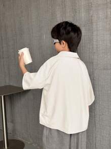 2pcs/Set Tween Boys' Casual Korean Style Letter & Graphic Print Short Sleeve Polo Shirt And Loose Woven 3/4 Pants Outfit