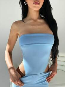 SHEIN EZwear Women's Summer Clothing Vacation Casual Beach Waist-Baring Gathered 2 In 1 Blue Slim-Fitting Sexy Dress With Side Cutouts And Ruching - Blue - View 5