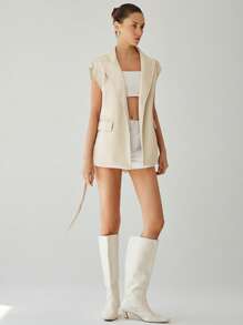 Aveloria Modichic 纯色复古 PU 皮革简约 OL 商务风格翻领收腰系带无袖背心夹克